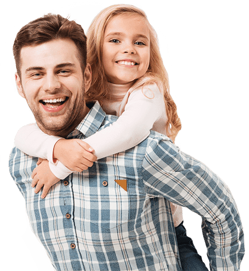 Smiling father and daughter visiting pediatric dentist in Pelham New Hampshire