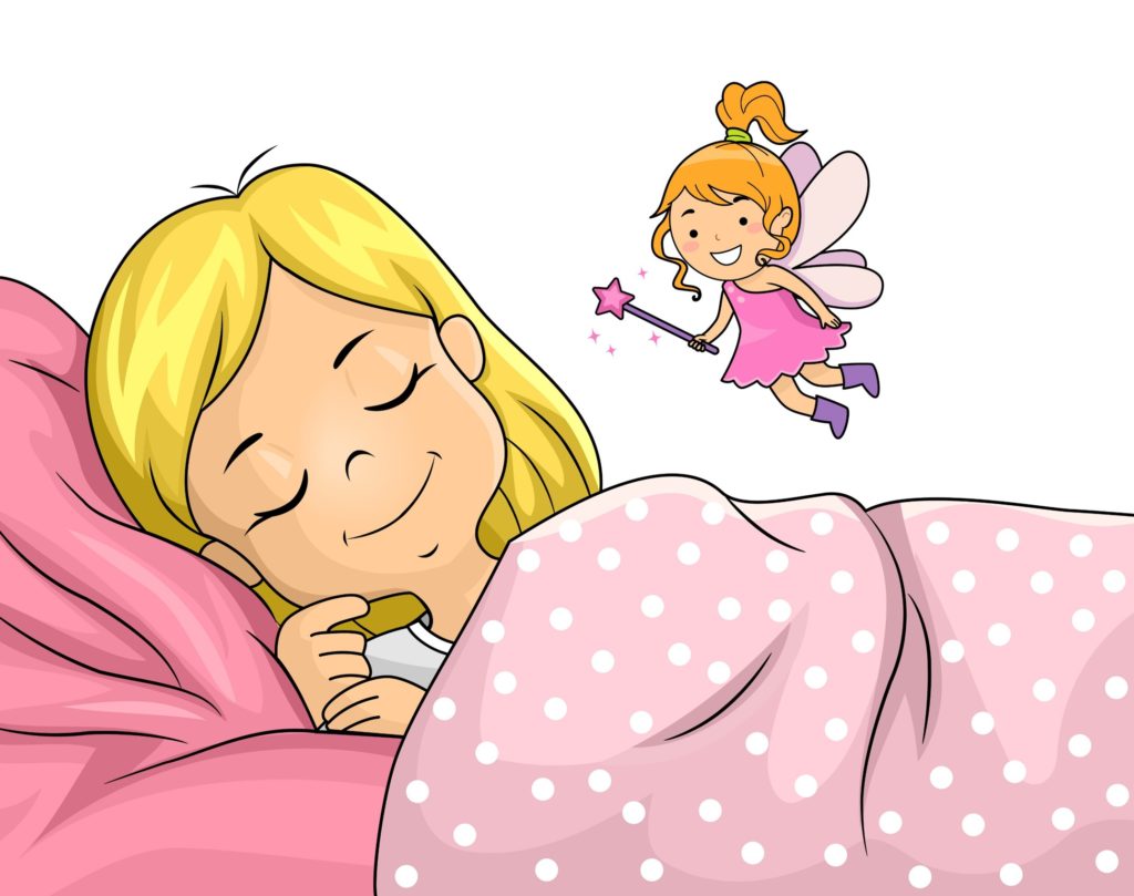 Illustration of tooth fairy visiting sleeping girl